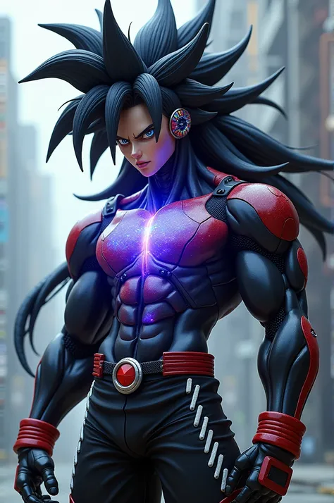 A mix of Goku Black and Astro Boy, make a Saiyan mixed with a robot. He will have a very interesting physique. He will wear Goku Black&#39;s clothes. He will have defined muscles in his arms and legs. He will wear black shorts with white details. His hair ...