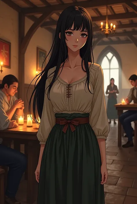 Anime girl dressed as a peasant in the Middle Ages with big breasts and long black hair, slender in a tavern