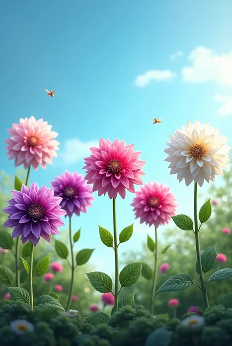 Five Dahlias　garden　blue sky