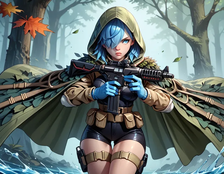 (zPDXL2), (PonyXLV6_Scores), source_anime, Expressiveh, solo, four-quarter portrait, rating_safe, BREAK

1girl, (four arms), short spiky hair, blue hair, hair covering one eye, blue eyes, (blue skin, blue hands, blue body), (wearing (green camo cape with h...