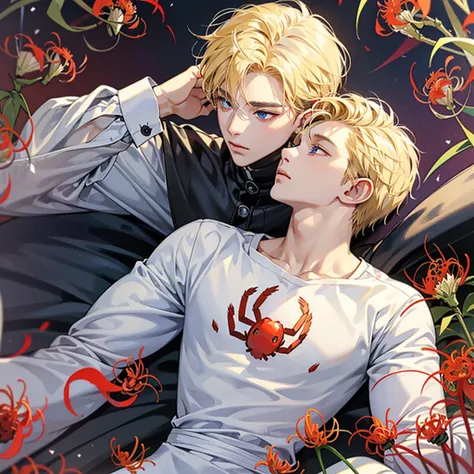 1 boy, Age 25、Look at, High resolution, Blonde, Layered Cut、Hair length up to shoulder blades、blue eyes, Well-formed face、White shirt、Plain Shirt、Chest、(((Lying in a field of red spider lilies)))、Side angle、Face Zoom.Color contrast、red cluster amaryllis、A ...