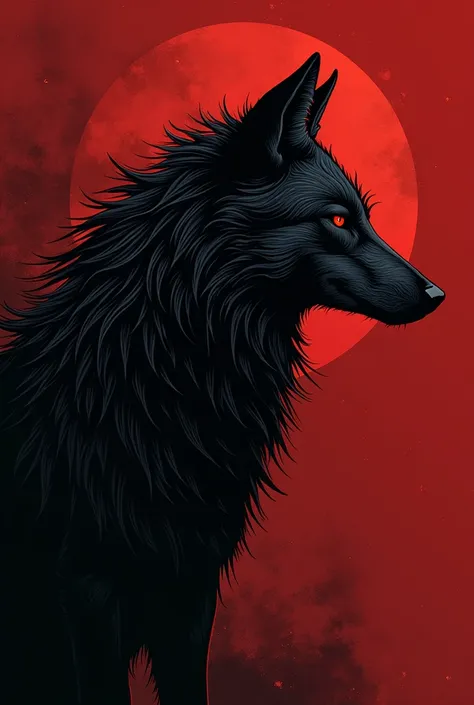 Create an image of a maned wolf&#39;s head in profile, stylized as an ancient symbol. The background should be reddish black, evoking an intense atmosphere of strength and mystery. The wolf&#39;s expression should convey anointing and a slight touch of fea...