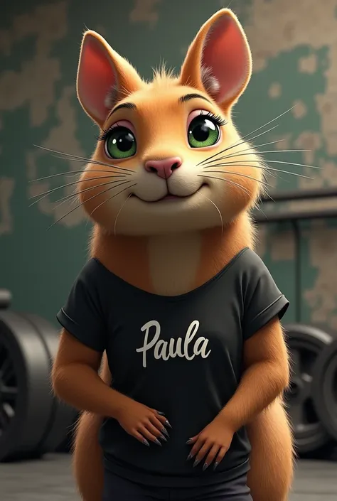 A female capybara, green eyes, pearl earring in the ears.
She has a charming look.
She is in a crossfit gym surrounded by weights and exercise tires.. She is wearing a black T-shirt with her name on it.: paula.