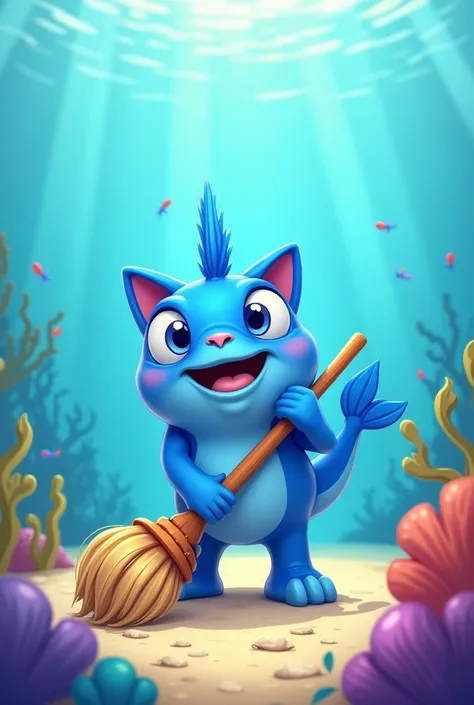 A catfish using a broom to clean the sea is a blue fish but cartoon to make kwai logo