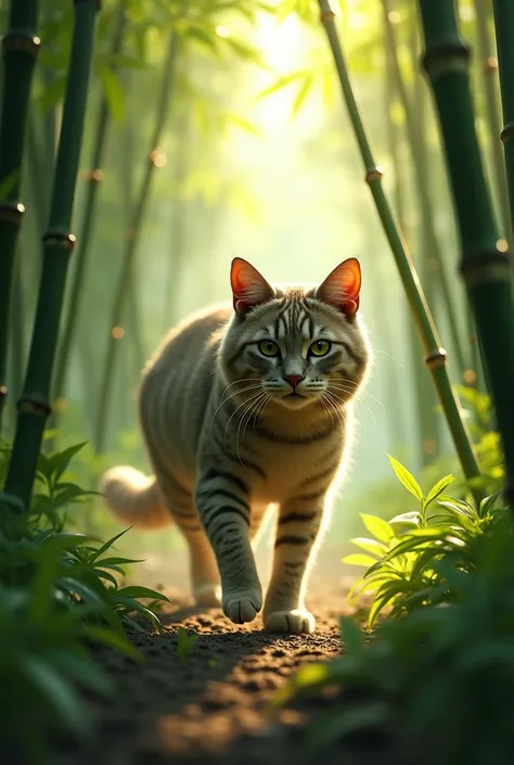 A cat roaming in a bamboo forest