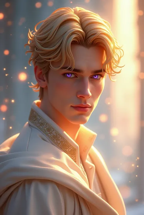 3d wallpaper of man from a heavenly kingdom, appearance 30 years, male face, English style, violet eyes, short golden hair

