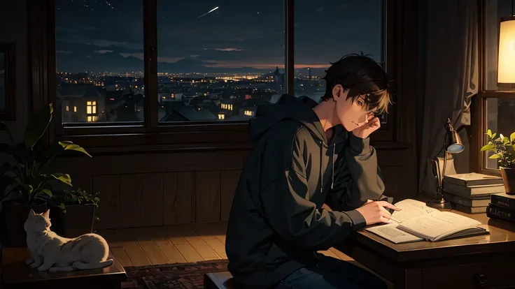 "A peaceful, cozy room scene at dusk, with a young man wearing a comfortable hoodie and headphones, sitting at a wooden desk, focusing on a notebook while writing or studying. He is leaning slightly forward, with his hand supporting his chin, surrounded by...