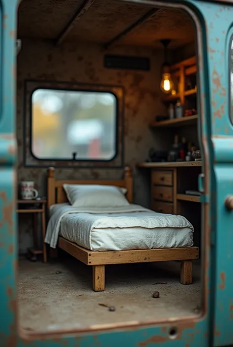 A mini bed on a bare floor inside a truck in a garage 