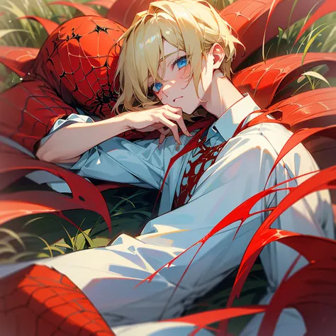 1 boy, Age 25、Look at, High resolution, Blonde, Layered Cut、Hair length up to shoulder blades、blue eyes, Well-formed face、White shirt、Plain Shirt、Chest、(((Lying in a field of red spider lilies)))、Side angle、Face Zoom.Color contrast、red cluster amaryllis、A ...