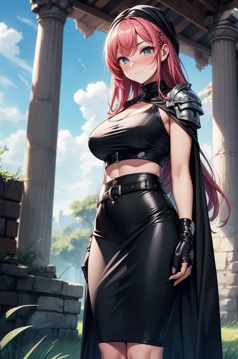 ((((masterpiece, best quality, high detail)))), beautiful woman, long straight hair, pink red hair, ((full-face blush)), (smirk), (((wide-eyed))), (black and white sleeveless crop top), gloves, shoulder (armor), (black headband), (black hairpin), ((black m...