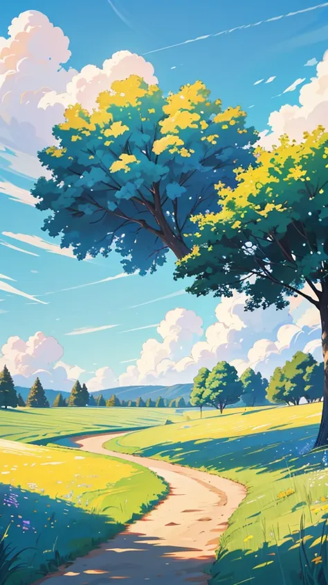 "a winding dirt path leading through an open meadow with a single tree in the distance. the sky is a clear, vibrant blue with a ...