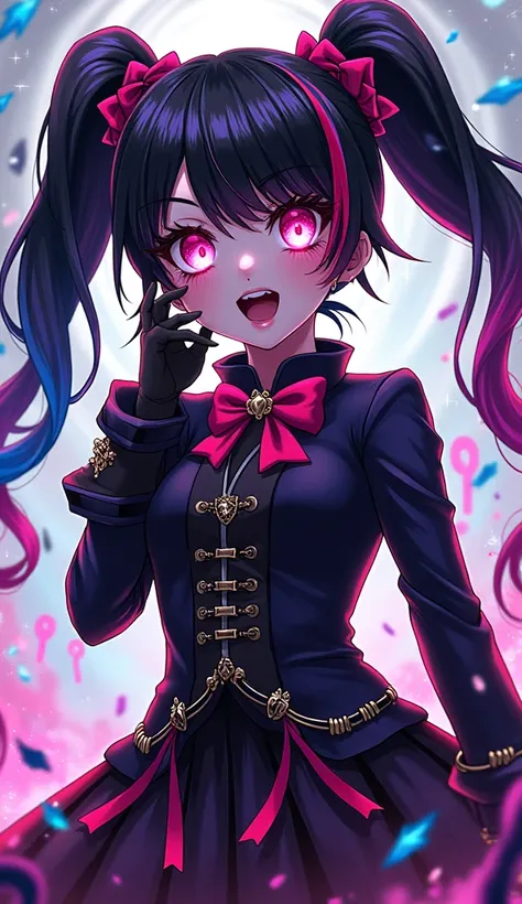 Vivid anime art style, original character from Danganronpa, striking hairstyle with vibrant, multicolored streaks, oversized expressive eyes gleaming with intense emotions, intricate outfit blending elements of high school fashion with unique personality t...