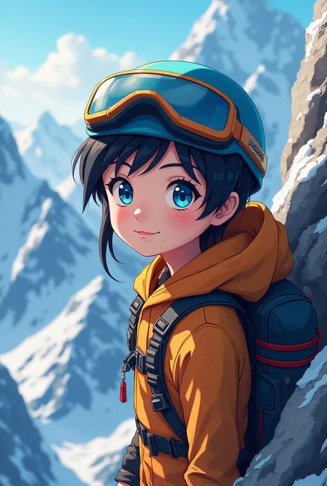  Mountain climbing anime cool simple background, 

solo, blue eyes, smile, Character portrait, 