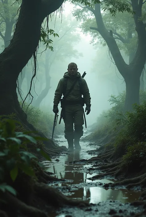 Draw a ranger walking through a swampy, muddy bog