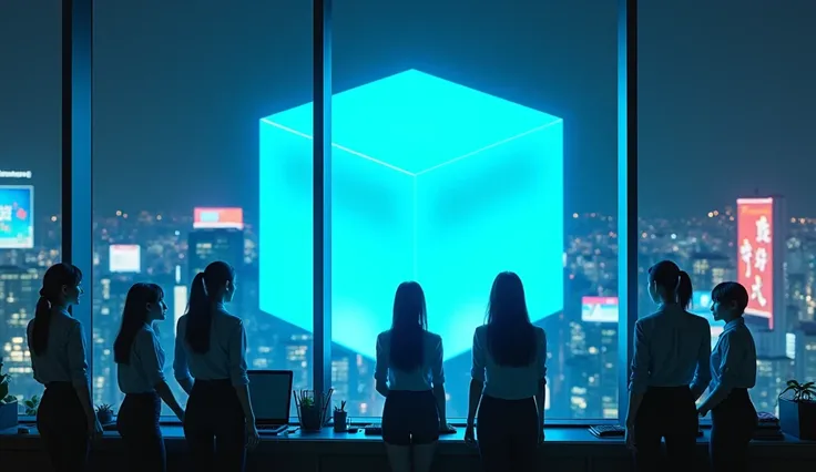 Image in an office of a high-rise building, female office workers in the office look out the window with a giant cube-shaped hologram with the word "URBOX" glowing across the glass door floating outside above, emitting a blue light that covers the cyberpun...