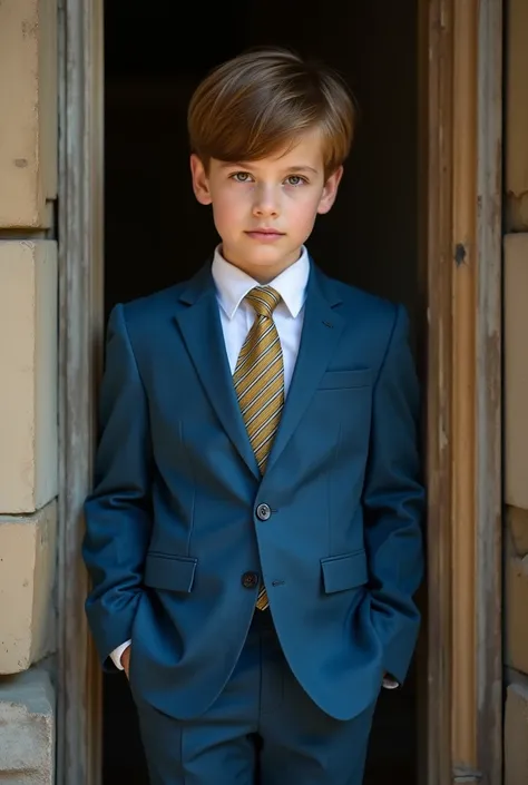 Photograph of a seven year old boy standing in the doorway with brown blonde hair....., brown eyes, white skin, The boy was wearing a sky blue suit and a gold colored tie with gold stripes and a white shirt very stylish cool shoes ....... 