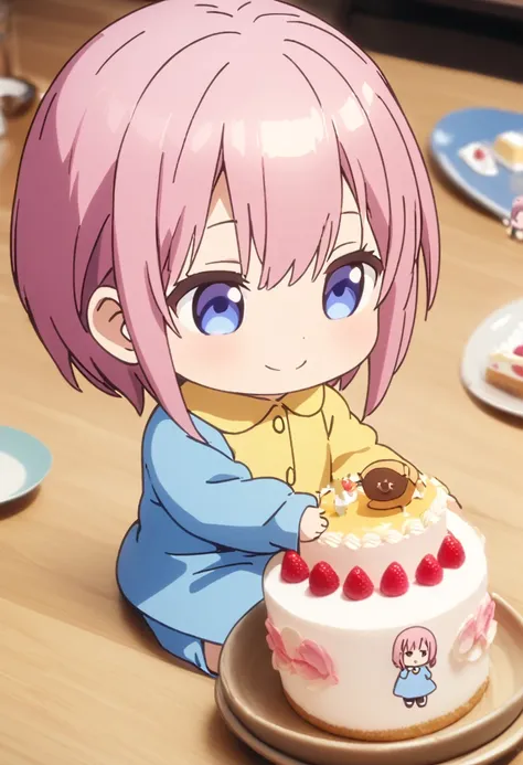 (Best Quality, 4K, 8k, High resolution, masterpiece:1.2), Very detailed, Picturesque, Animation Photos, Photo Animation:1.37)、(Pink Hair)、(Short Hair)、Sitting、smile、Eat cake、(Chibi:1.4),Blue Shirt,(Kindergarten uniform:1.2),(Yellow school cap:1.2),(Blue Sk...