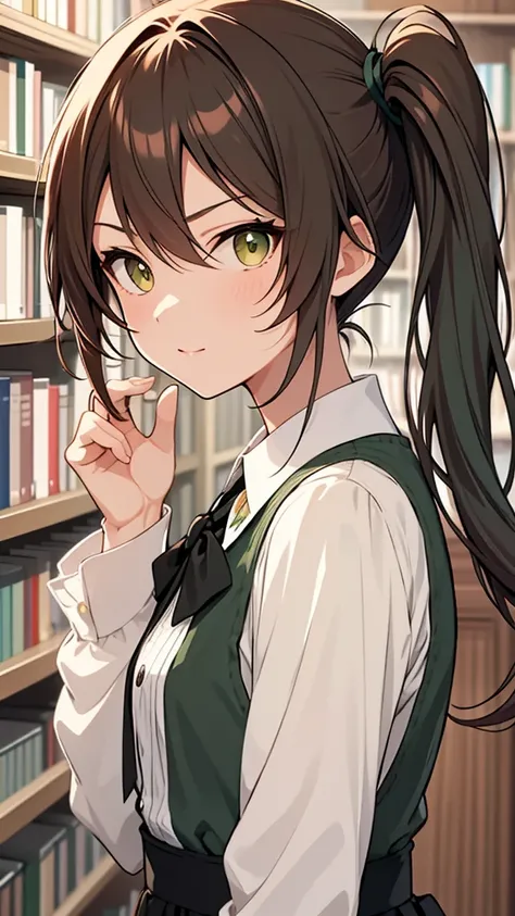 [[[ ultra-detailed, best quality, soft skin, beautiful face, masterpiece, close-up, modern setting, anime]]],  long hairstyle, side ponytail, auburn hair, dark green eyes, serious, looking at viewer, library girl, dynamic angle, petite body