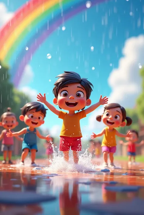 
"Create a vibrant and eye-catching 3D Disney-style thumbnail for the animation song Bubbles of Rain. The thumbnail should feature a cheerful scene of Disney-style children, smiling and playing joyfully in the rain. Raindrops should sparkle like bubbles, f...