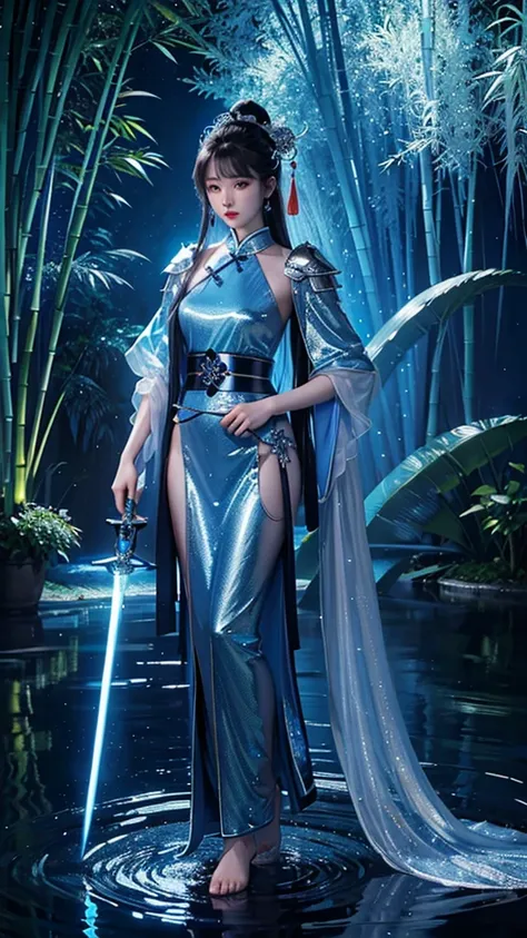 a lovely chinese young lady wearing a blue robe standing in the water holding a glowy blue neon and silver intricate sword, nigh...