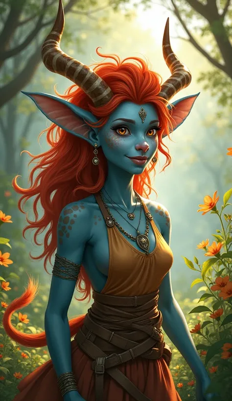 Enchanting female firbolg, middle-aged beauty radiating warmth and charm, striking blue skin embellished with intricate brown spots, soft and inviting cow ears adorning her head, majestic giraffe horns rising gracefully above her wild mane, messy fiery red...