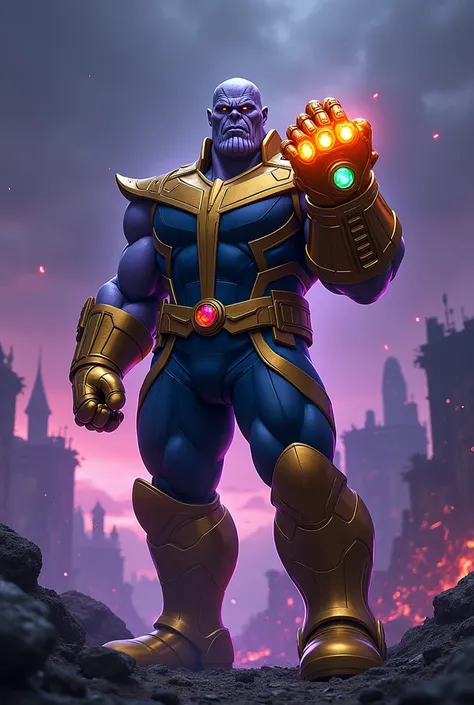 Heres a detailed AI text prompt:


"Create an image of Thanos wearing the Infinity Gauntlet with all 6 Infinity Stones embedded:

- Setting: A desolate, war-torn planet with destroyed buildings and debris.
- Lighting: Ominous, dark tone with subtle purple ...