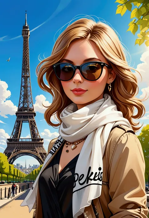 Name "Becky in Paris" in a fun and colorful graffiti style font and create an illustration style image of a beautiful young British woman with light brown hair, dressed in a Parisian style with a white silk scarf with black details around her neck and sung...