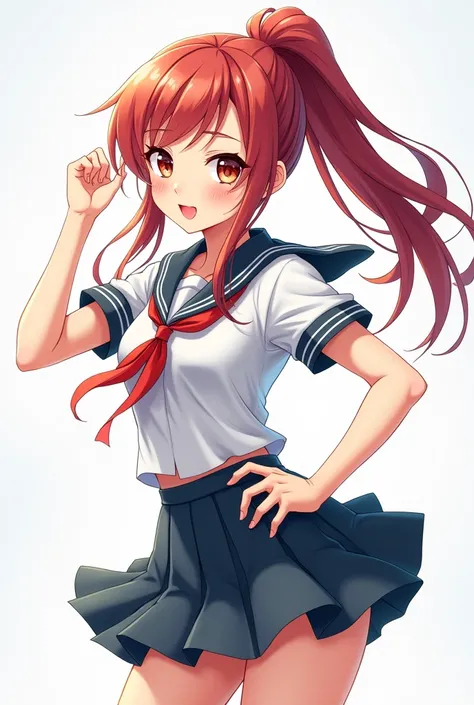 A  with ponytails, and a big fluffy fringe, and a student uniform with a short skirt.