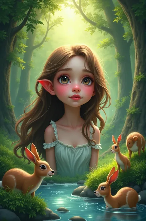 Pink color, big eyes, lips like buds, long brown hair, shiny forehead, healthy girl, dense forest, clear stream, playing rabbits and deer. 