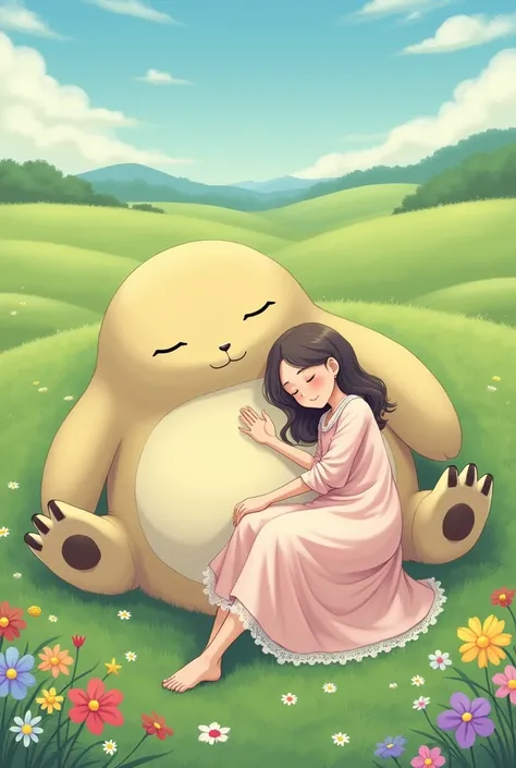 「In the wide steppes、A scene where an idol-like woman is taking a nap on Snorlax&#39;s lap。The woman is wearing a pastel-colored dress.、He has his eyes closed while leaning against Snorlax.。Snorlax gently supported her.、Colorful flowers around々is blooming。...