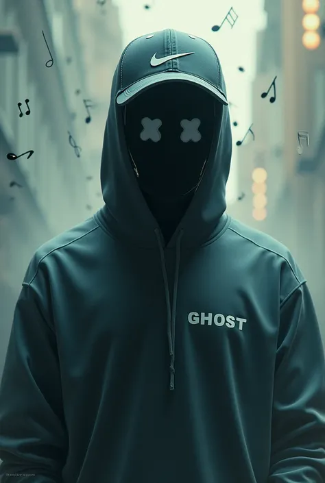 Create image of a man with an Anonymous mask with the name Ghost written on his shirt and a Nike cap with musical notes around him