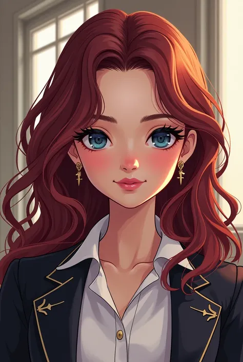 dans un style webtoon, une belle jeune fille aristocrate, au cheveux bordeaux et ondulé, avec des yeux bleu nuit 