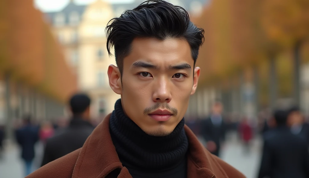  Japanese,23-29, Handsome,  fair skin, black eyes（thin eyes 1：3), (Super detailed, best quality, 4K, 8k, High resolution, masterpiece:1.3) he is a fashion model. Ge is now in Paris. Season is fall , undercut hairstyles 