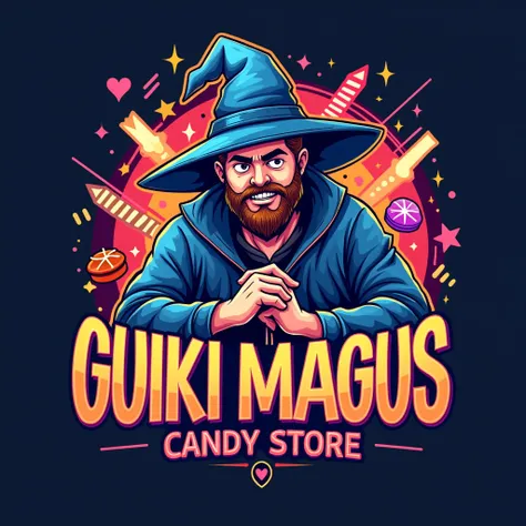 Create a logo for a candy store called &#39;Guiki Magus&#39;, with a more masculine style and suitable for 10 and  boys. The logo should reflect the variety of sweets, like sweets and brownies, and include geek elements, as video game icons, technology or ...