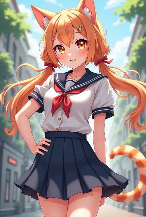 A cat girl with ponytails, and a big fluffy fringe, and a student uniform with a short skirt.