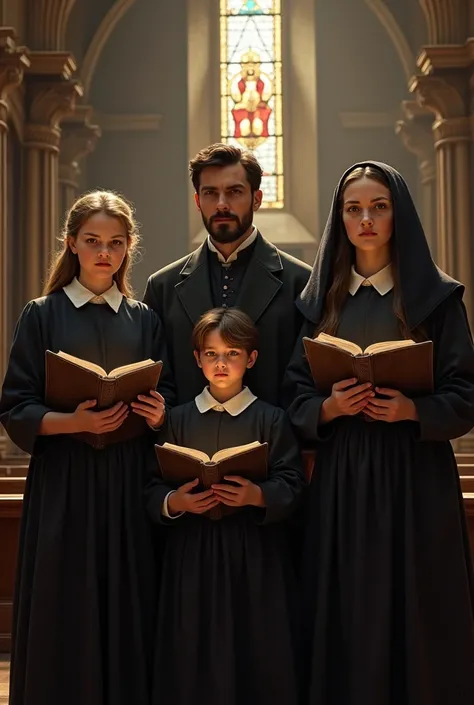 A FAMILY WITHIN A CHURCH, DRESSED IN PURITAN DRESSES WITH BIBLE IN HAND.