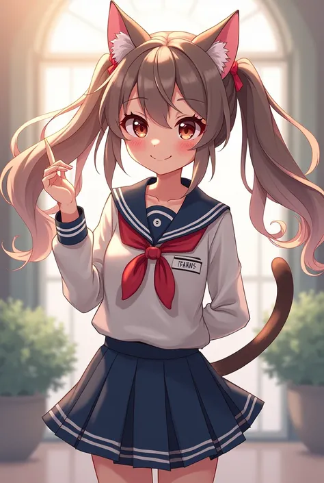 A cat girl with ponytails, and a big fluffy fringe, and a student uniform with a short skirt.