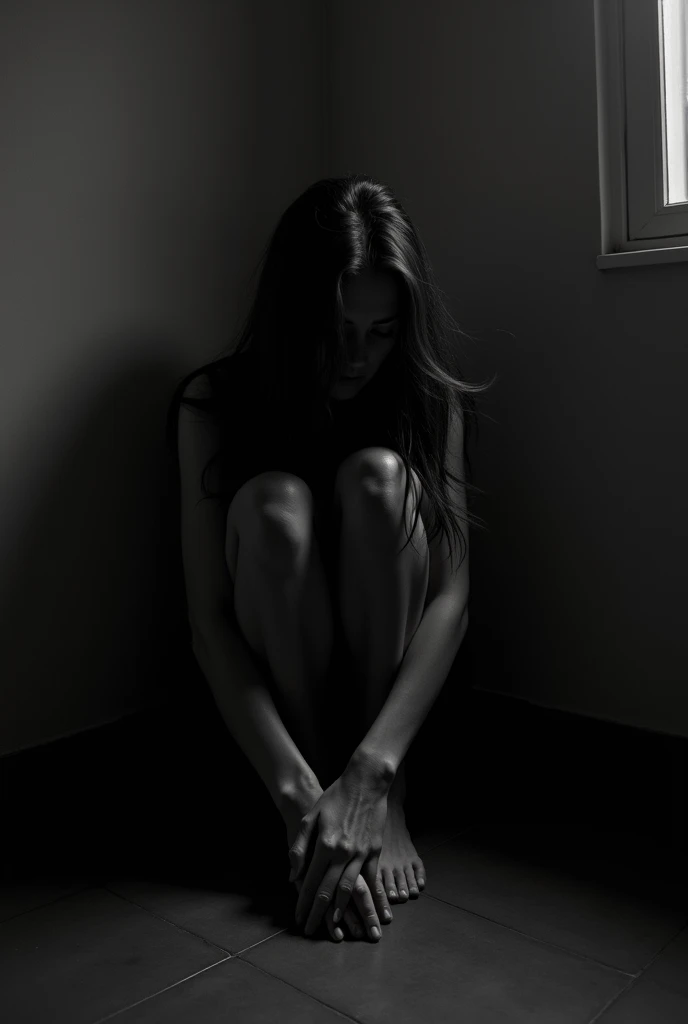 Create a black and white image of a woman sitting in a corner tormented 