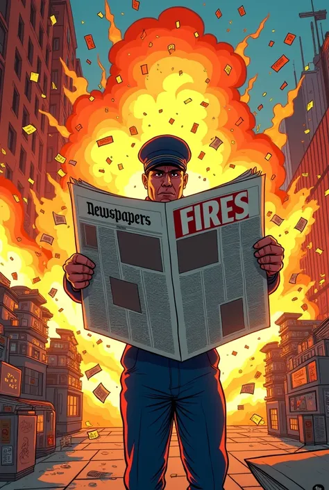 Create a Banner, comic book style. A newspaper stand in the background explodes, throwing newspapers and magazines into the air, in front a newspaper vendor pretending to be the one who is holding an explosion is holding a newspaper, which is highlighted i...