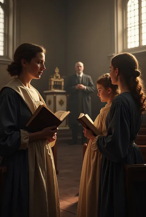 A FAMILY WITHIN A CHURCH, DRESSED IN PURITAN DRESSES WITH BIBLE IN HAND, AND A PASTOR PREACHING FROM THE PULPIT IN THE BACKGROUND