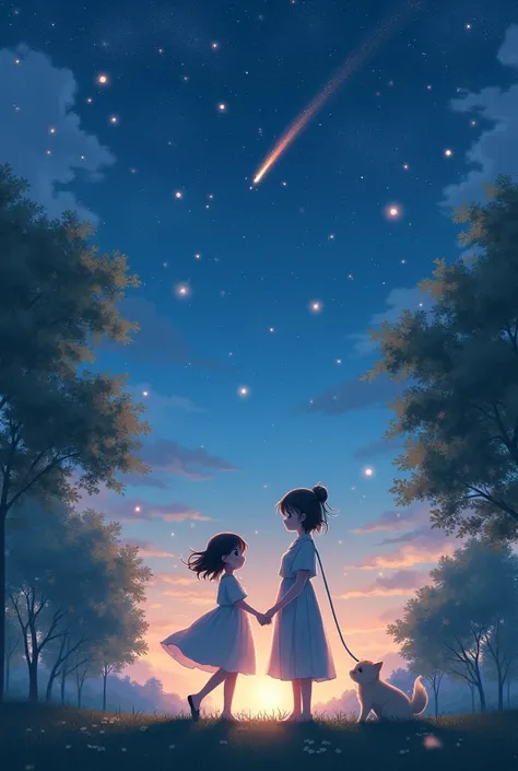 "A scene of an idol-like Japanese girl stargazing with Mew in a park under a starry night sky. She is wearing a soft, flowy dress and holding hands with Mew as they chat happily. The background features a sky full of stars and a shooting star passing by, c...