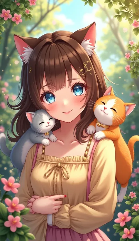 Anime-style masterpiece, enchanting woman, bright light blue eyes shimmering with innocence, rich brown hair elegantly ombre to vibrant blonde underlayers, adorable attire featuring pastel hues and cute accessories, soft fabric textures adding richness, su...