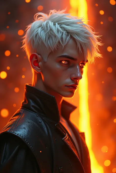 Handsome prince who lives in a volcano with short white hair and eyes the color of lava, with dragon features 