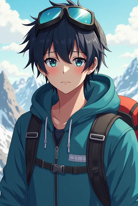  Mountain climbing anime cool simple background, 

solo, smile, Character portrait, Black Hair, Slanted Eyes, Looks bored, whole body
