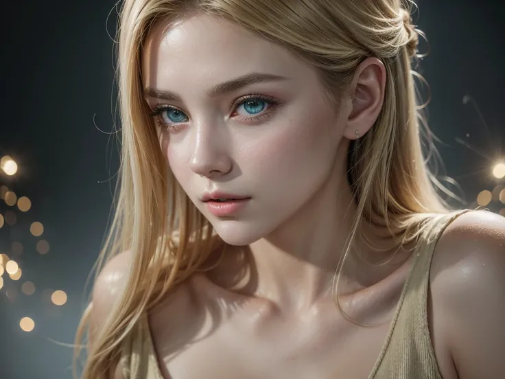 Immerse yourself in the elegance and sophistication of a beautiful blonde girl with captivating sparkling green eyes. Utilize 3D techniques and Octane rendering in 8K resolution to create a hyper-realistic portrayal of her detailed face. The intricate shar...