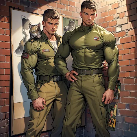 32k, high quality , detailed face , detailed hands , detailed muscles , stephen amell standing and  posing  as a military man ,standing with spread legs, showing his muscles  HOLDING A CAT IN HIS HANDS, ((background brick wall with lot of army posters ))