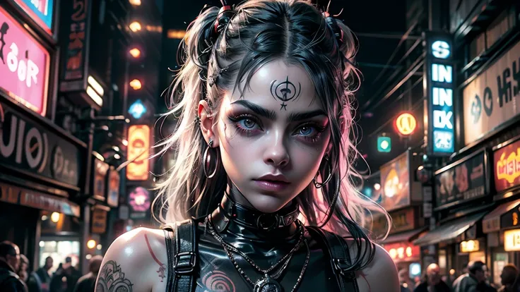 masterpiece, ultra detailed, high angle, aerial view, top view, cyberpunk city, one girl, alone, pale skin, lots of pierced ears, long neckline, neon and black metal jewelry, colorful hair, punk hairstyle, long hair, ultra straight hair, side bangs, punk s...