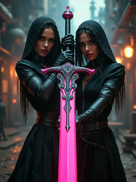 a stunning 2 woman holding an oversized sword-like weapon colored in bold, striking pink and black with intricate metalic detailing. Her intense expression, characterized by a focused and somewhat fierce look, suggests she is ready for action or confrontat...