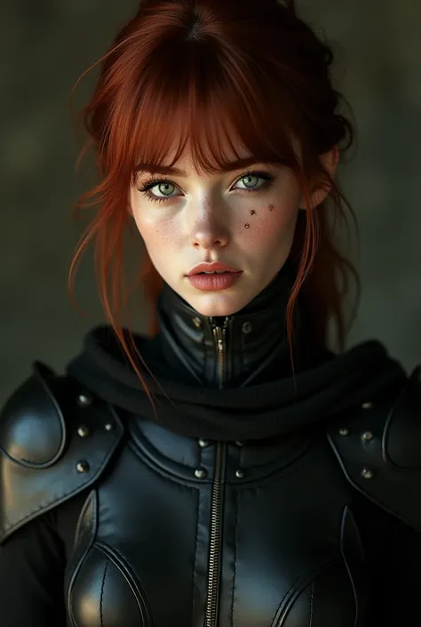 a young woman with sun-kissed skin, dark red hair with bangs, deep green eyes, three tiny beauty marks on her cheek, wearing black leather armor, boots, and a cape, (best quality,4k,8k,highres,masterpiece:1.2),ultra-detailed,(realistic,photorealistic,photo...