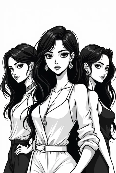 creates three beautiful women next to each other in black and white style in simplified drawing with loose hair looking more powerful with jewelry